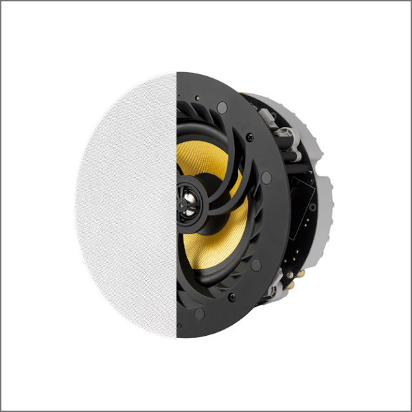 Cutaway of the Lithe Audio ceiling speaker showing the woven cone, tweeter and amplifier board